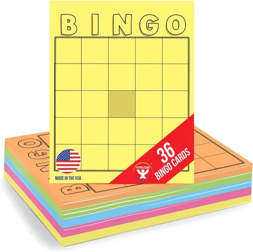 Hygloss Productos Tarjetas de bingo en blanco para escribir, paquete de 36 unidades, multicolor, hojas de bingo de gran tamaño desechables, Colores