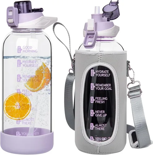 Miniatura 15 de Botella de agua deportiva de vidrio de 32 onzas con popote y marcador de tiempo, botella de vidrio motivacional reutilizable grande para agua Rosa