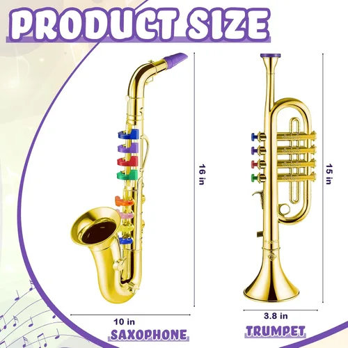 Miniatura 2 de Lewtemi Juego de 2 instrumentos musicales que incluyen trompeta de juguete y saxofón, trompeta de plástico, juguete educativo de Navidad, regalo