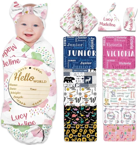 Miniatura 30 de Manta de bebé personalizada para niña y niño, manta de recepción con nombre personalizado con diadema de lazo y sombrero, regalos personalizados