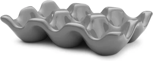 Miniatura 2 de Flexzion Organizador de huevos cerámico para nevera - Bandeja de huevos de 6 tazas, contenedor de porcelana para media docena, organizador de Gris
