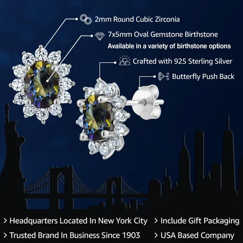 Miniatura 65 de Gem Stone King Aretes ovalados de plata de ley 925 de 0.276 x 0.197 in con piedra natal de la princesa Diana, estilo halo real para mujeres