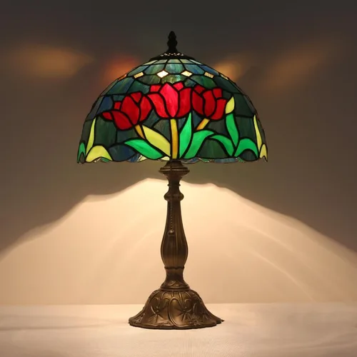 Miniatura 16 de Lámpara de mesa con tulipanes de vitrales, luz de lectura estilo Tiffany, 12 x 12 x 19 pulgadas, lámpara de escritorio de vidrio antiguo