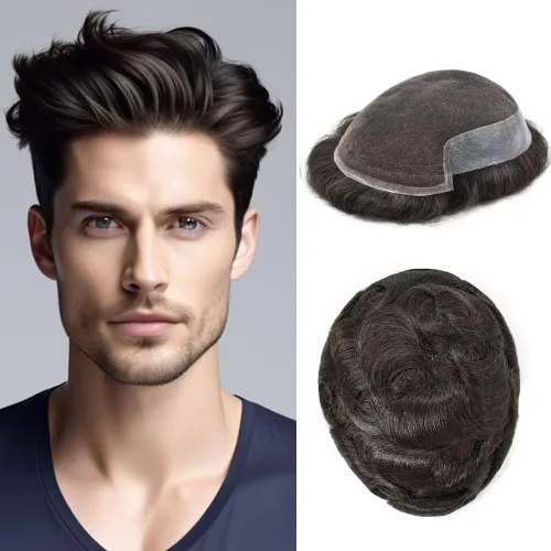 Miniatura 28 de FACE MIRACLE - Tupé frontal de encaje francés para hombres, sistema de reemplazo de cabello humano de encaje con pieza de pelo de poliuretano