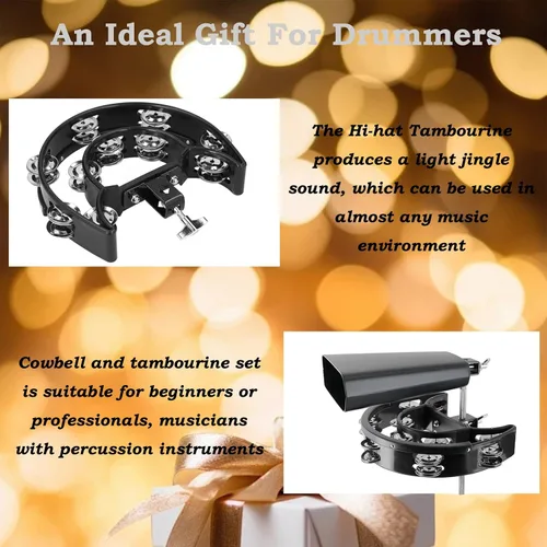 Miniatura 6 de MOONBACK Tambourine and 6 Inch Cowbell Kit, Drum Set Tambourine with Mounting Eye Bolt, Black
