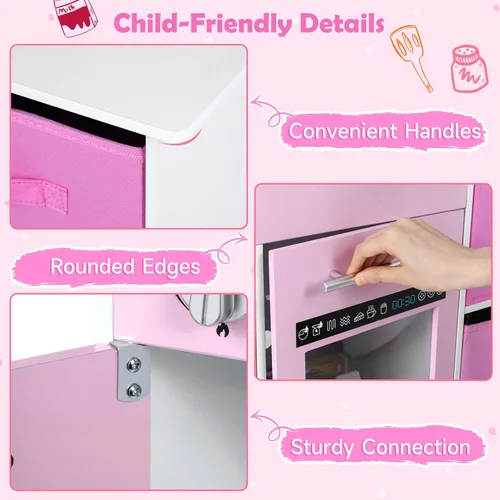 Miniatura 9 de INFANS Juego de cocina para niños, cocina de madera con luces realistas, sonidos, cafetera, lavavajillas, microondas, horno, cajones de tela Rosa