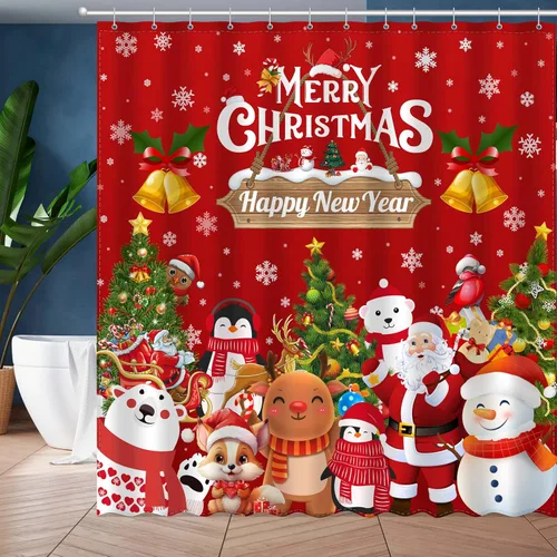 Miniatura 7 de JWXCBIM - Cortina de ducha de Navidad Feliz Navidad y Feliz Año Nuevo, decoración para el hogar de Papá Noel y muñeco de nieve, cortina de baño
