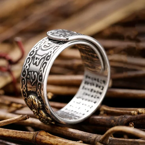 Miniatura 6 de Angyape Feng Shui Pixiu - Anillo de mantra ajustable budista de buena suerte, mantra, doble protección, riqueza, amor, salud, regalo para hombres
