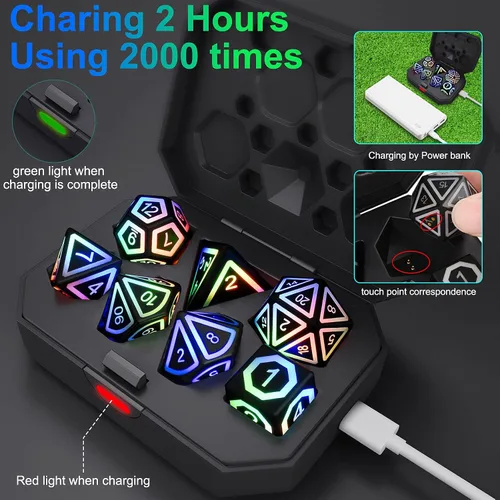 Miniatura 4 de Juego de dados DND recargables, dados iluminados, 7 dados LED balanceados brillantes, dados electrónicos, dados D & D, juego de dados poliédricos
