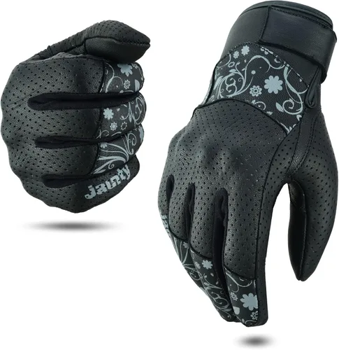 JAUNTY - Guantes de motocicleta para mujeres, de cuero, con pantalla táctil, para damas con nudillos duros perforados, transpirables, para