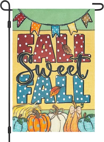 Miniatura 12 de Bandera decorativa de arpillera de otoño para jardín, 12 x 18 pulgadas, de doble cara, calabaza, cachorro, madrás, a cuadros, pequeñas banderas