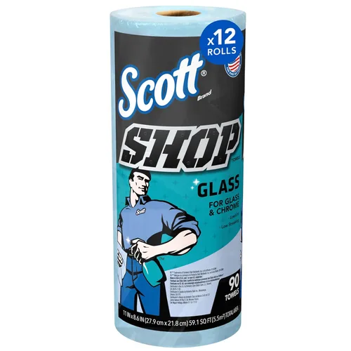Toallas de papel para vidrio Scott Shop Original (32896), azul, toalla de papel tipo tela para espejos y cromo, toallón de 8.6"x11" (12 rollos de 90