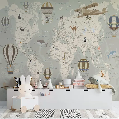 Miniatura 7 de Papel tapiz de mapa del mundo para niños con animales, calcomanías educativas para despegar y pegar, murales de guardería para bebés, niños