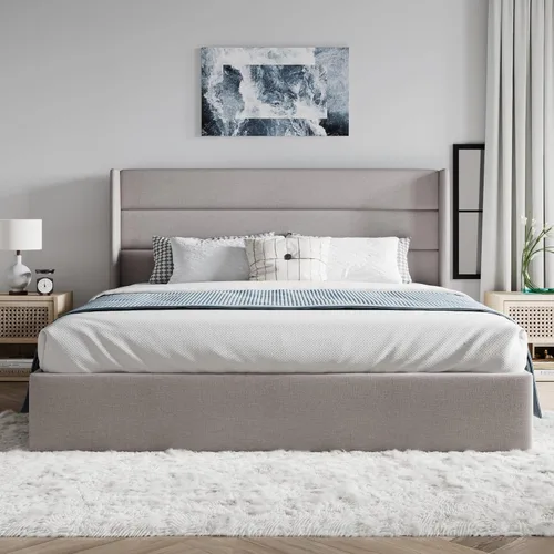 Miniatura 3 de SHA CERLIN Cama de Almacenamiento Elevable Tamaño Queen/Cabecera Moderna Tipo Wingback/Marco de Cama Plataforma Tapizada/Almacenamiento Beige claro