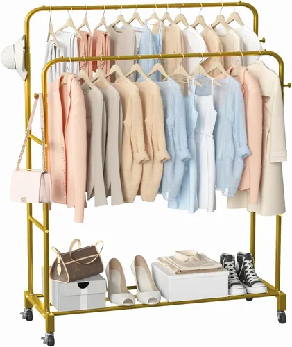 Miniatura 9 de Sooyee Perchero de doble barra con ruedas, perchero de 3 niveles para colgar ropa, perchero portátil con 4 ganchos para dormitorio, cuarto de Negro
