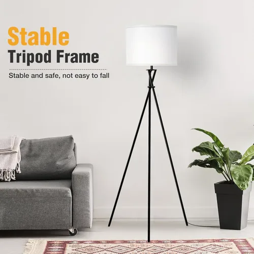 Miniatura 3 de Lámpara de pie para sala de estar, 61 pulgadas, moderna lámpara de pie trípode con pantalla blanca e interruptor giratorio, lámpara de pie negra