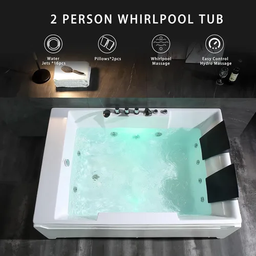 Miniatura 2 de Empava Bañera de hidromasaje de 72 x 48 pulgadas para pareja, bañera de hidromasaje de 1125 W con luz, hidromasaje, cromaterapia, certificado ETL