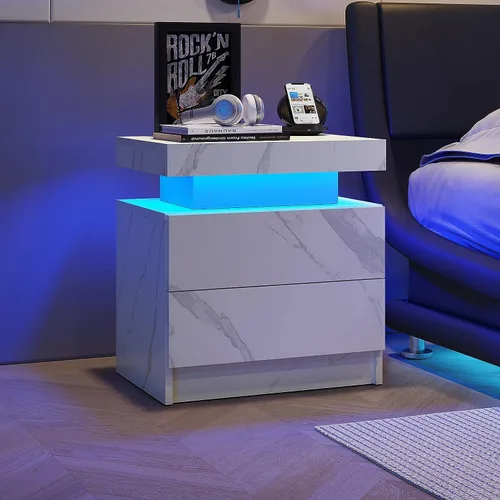 Miniatura 16 de Mesita de noche LED para dormitorio, moderna madera con 2 cajones, mesita de noche negra y dorada, mesa auxiliar con luz LED ajustable