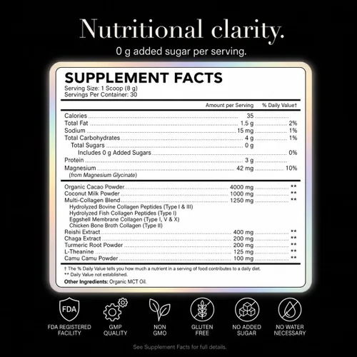 Miniatura 8 de Mushroom Cacao Organic Powder Sugar Free - 1250mg Multi-Collagen Peptides Blend, Reishi, Chaga, Magnesium, L-Theanine, Turmeric & Camu Camu, 30