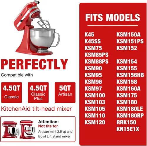 Miniatura 3 de Batidor de borde flexible de acero inoxidable de 4.5-5 cuartos para batidoras de pie KitchenAid Classic y Artisan con cabezal inclinable. Compatible