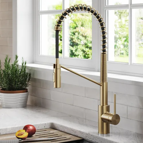 Miniatura 9 de KRAUS Oletto - Grifo de cocina de un solo mango extraíble de estilo comercial con ensamble de montaje superior QuickDock en bronce champán antiguo