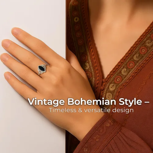 Miniatura 5 de Cut Marquise Black Onyx Ethnic Delicate Ring 925 Sterling Silver Vintage Tribal Gipsy Boho Look
