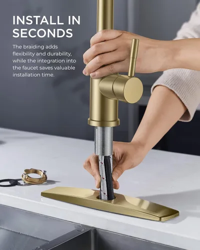 Miniatura 4 de FORIOUS Grifo de cocina dorado con rociador desplegable, grifo de fregadero clásico de acero inoxidable de arco alto con mango único, 1 o 3