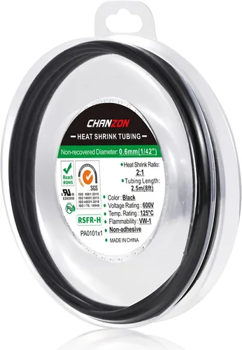 Chanzon Relación 2:1 Tubo termorretráctil de 1/42" (0.6mm), rollo de 8 pies (2.5M de longitud total) envoltura de poliolefina negra que se encoge de