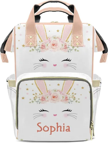 Pink Bunny - Mochila para pañales con nombre, gran capacidad, multifunción, para mamá, papá, unisex, niño y niña, Diseño 1, Mochilas Daypack