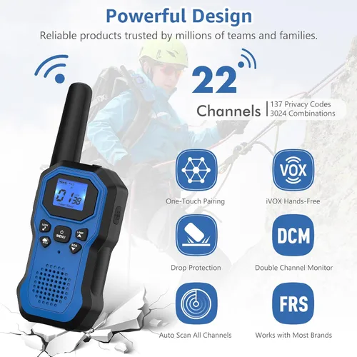 Miniatura 5 de Walkie Talkies para adultos Radios de 2 vías de largo alcance para niños recargables paquete de 4 unidades, senderismo, camping, esquí