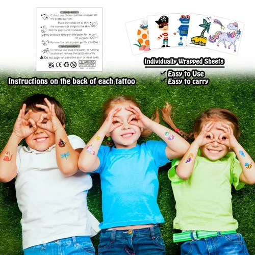 Miniatura 2 de Partywind Tatuajes temporales para niños, 204 calcomanías de tatuaje falsas para niños, suministros de fiesta, decoraciones sorpresas de cumpleaños
