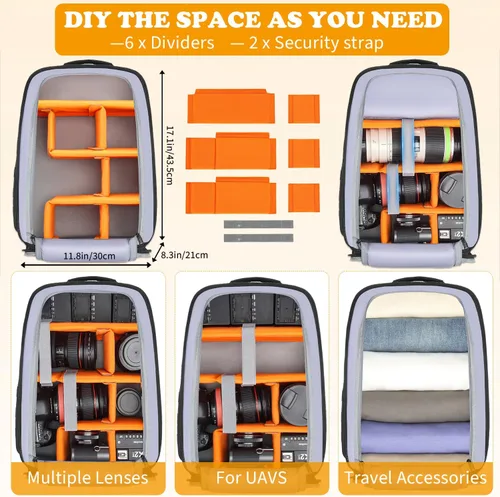 Miniatura 2 de HAMBOLY Mochila profesional para cámara, gran bolsa impermeable para fotografía DSLR/SLR/cámara sin espejo con soporte para trípode/compartimento