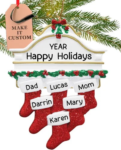 Adorno personalizado para familia de 6 2026 | Adornos de Navidad personalizados las 24 horas con láser grabados con láser para árbol | Mantel