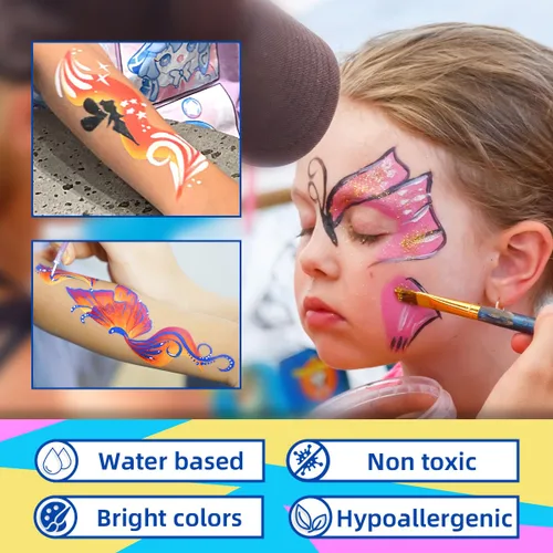 Miniatura 3 de Kit de pintura facial de 8.47 oz de tortas divididas arco iris, paleta de pintura facial profesional para niños y adultos con purpurina, plantillas