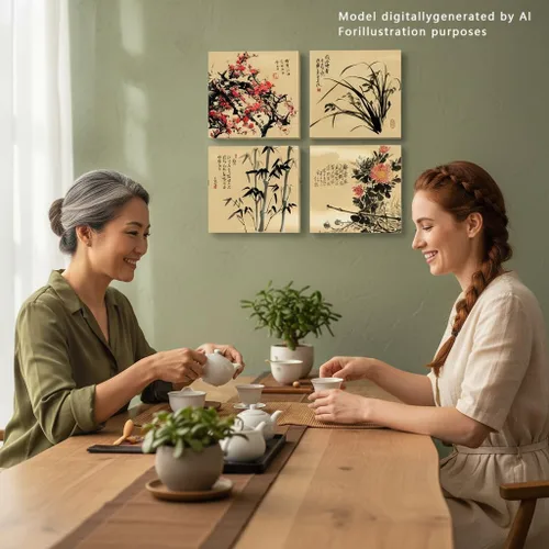 Miniatura 4 de JiazuGo Lienzo decorativo asiático oriental para pared, cuadros chinos para decoración estética de dormitorio, juego de 4 obras de arte estiradas
