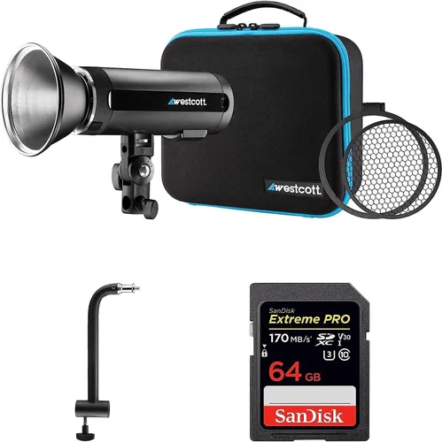 Westcott FJ200 200W estroboscópico con batería de polímero de litio AC/DC | Brazo de extensión de 8 pulgadas y paquete de tarjeta de memoria SDXC de