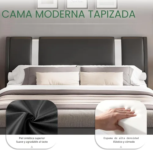 Miniatura 6 de Keyluv Base de cama moderna tapizada de piel sintética con cabecera decorativa de metal, soporte de listones de madera, no necesita somier