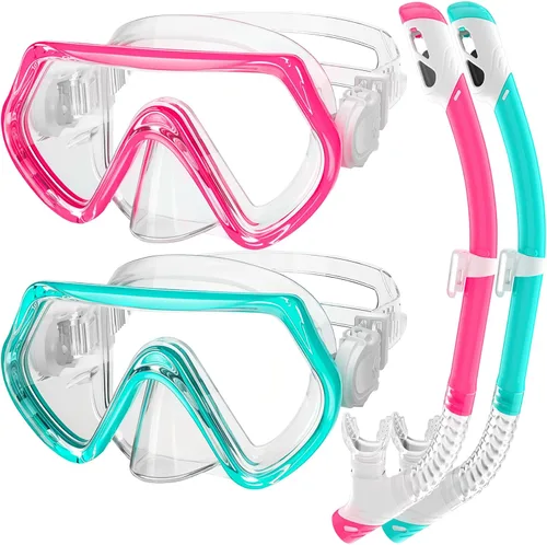 Miniatura 12 de 2 juegos de equipo de esnórquel para niños de 3 a 14 años, antivaho 180° Clear View Dry Top Snorkel Set, máscara de natación con cubierta nasal