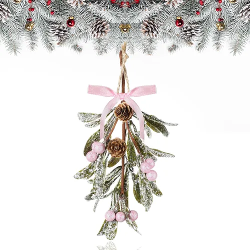 Miniatura 16 de Giegxin 1 pieza Adorno de Navidad Artificial de Muérdago Colgante con Lazo Rojo Bouquet de Adornos Colgantes de Navidad Floral con Piñas Naturales