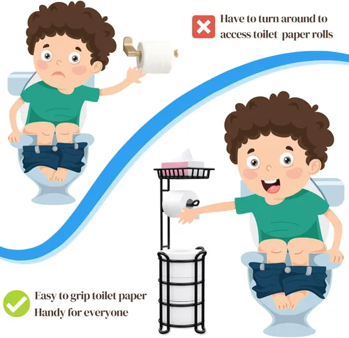 Miniatura 3 de Soporte de papel higiénico con estante, estante de almacenamiento de rollos de papel higiénico con dispensador para baño, color negro