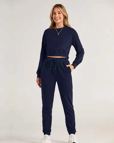Miniatura 8 de BTFBM Conjunto deportivo de 2 piezas para mujer, camiseta corta de manga larga, sin botones, pantalón con cordón ajustable, pantalones deportivos