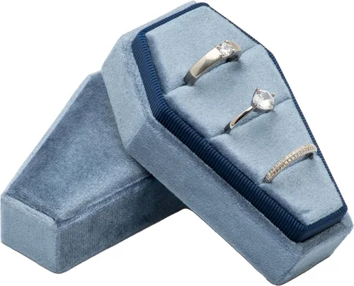 Caja de terciopelo con forma de ataúd con 3 ranuras para ceremonia de boda gótica, organizador de joyas góticas (azul vintage)
