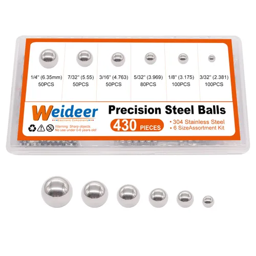Miniatura 6 de weideer 430pcs Bolas de acero inoxidable de precisión bolas de rodamiento de bicicleta Bolas de mezcla de metal Kit surtido 1/4 "7/32" 3/16" 5/32