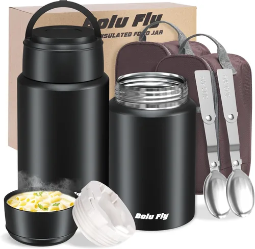 Miniatura 9 de Paquete de 2 termos de sopa para comida caliente para adultos, tarro de comida aislado, recipientes térmicos al vacío de acero inoxidable con bolsa