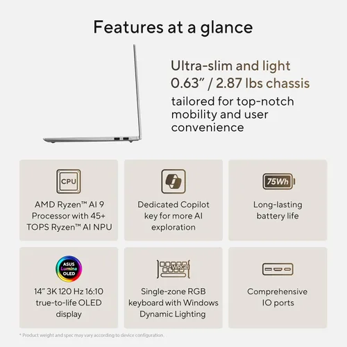 Miniatura 4 de ASUS Vivobook S 14 OLED Slim Laptop, AMD Ryzen AI 9 365 (10 núcleos), 24 GB, SSD de 1 TB, teclado RGB personalizable, plata fría, M5406WA-AH94