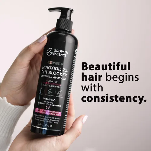 Miniatura 6 de Champú Minoxidil al 2% para mujer – Growth Essence Premium, champú para el crecimiento del cabello con biotina, cafeína y bloqueadores de DHT