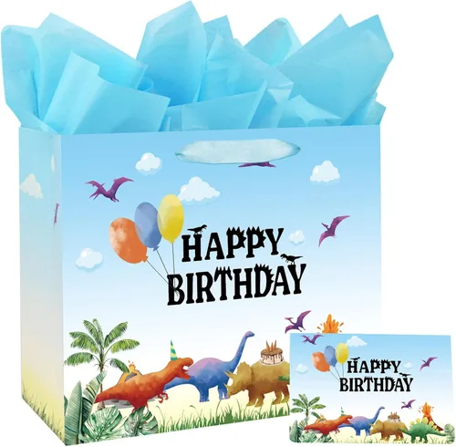 Bolsa de regalo de cumpleaños de dinosaurio de acuarela grande de 13 pulgadas para niños con tarjetas y papeles de seda (13 pulgadas, azul)