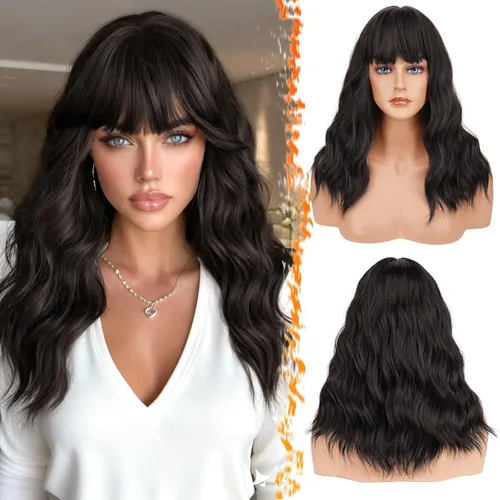 Miniatura 35 de BARSDAR Peluca rubia corta ondulada con flequillo, pelucas cortas onduladas de 14 pulgadas para mujer, pelucas sintéticas suaves hasta el hombro