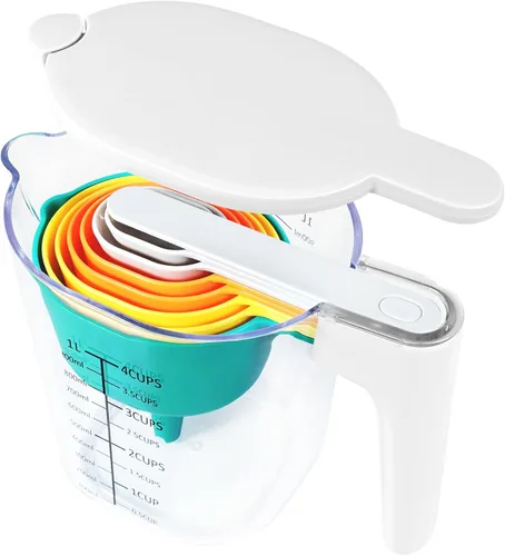 Miniatura 20 de Juego de 19 piezas de tazas medidoras y cucharas, incluye 10 tazas medidoras apilables con tapa y 9 cucharas medidoras magnéticas, cucharada para 19
