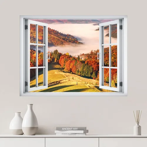 Miniatura 16 de SIGNWIN Adhesivo mural removible para pared, atardecer cielo naranja, otoño, bosque, árbol, paisaje, naturaleza, arte fino, rústico, paisaje
